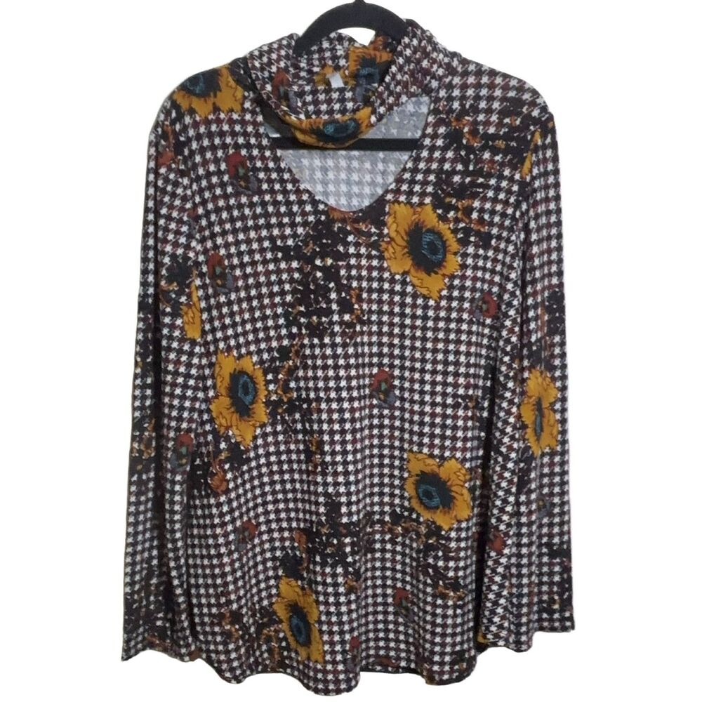 Watermelon Houndstooth Sunflower Print Long Sleeve Choker Top Women's 2XL
